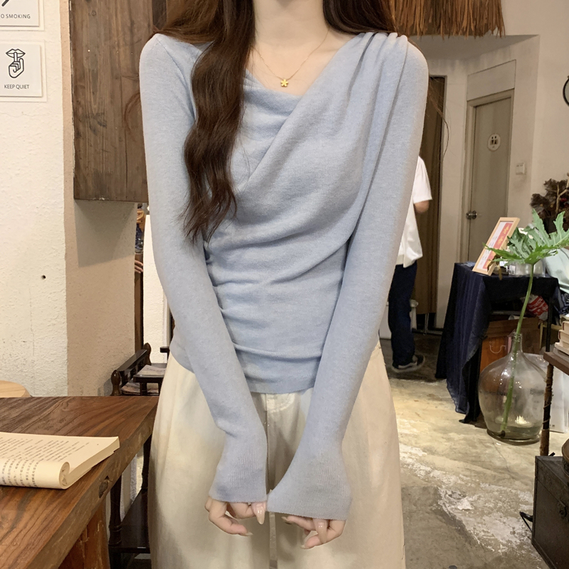 法式别致荡领扭褶斜领显瘦长袖针织衫女初秋温柔风韩系设计感上衣|undefined