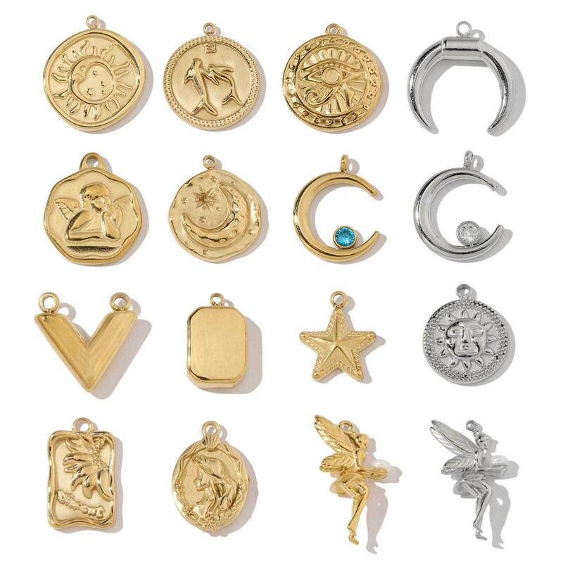 French Crescent Angel Eyes Titanium Steel Necklace Pendant Square Brick Palm Leaf Stainless Steel DIY Jewelry Accessories