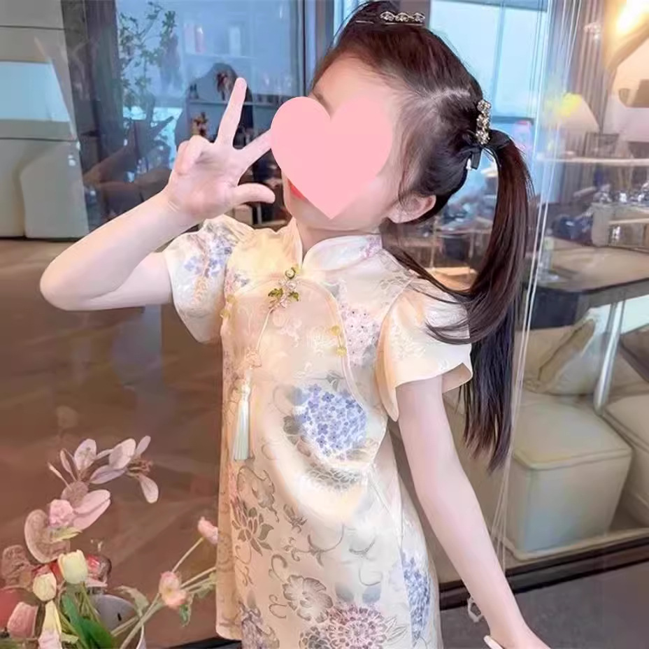女童改良旗袍連衣裙夏季中國風泡泡袖流蘇漢服裙子中式氣質公主裙