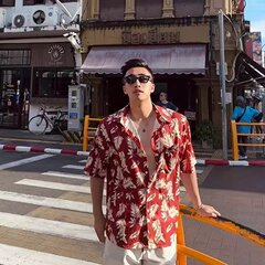 ハワイアンアイスシルクビーチフラワーシャツ半袖メンズ夏タイ海辺休暇紳士服東南アジアスタイルの服