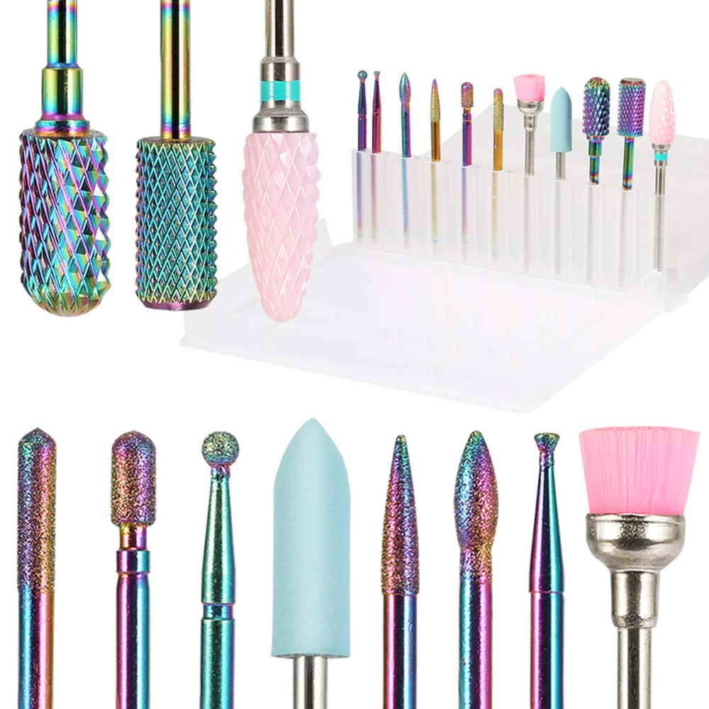11 piezas de cerámica de colores de acero de tungsteno de uñas de esmeril pulido traje de cabeza de uñas removedor de la piel muerta cepillo de limpieza de la cabeza de molienda