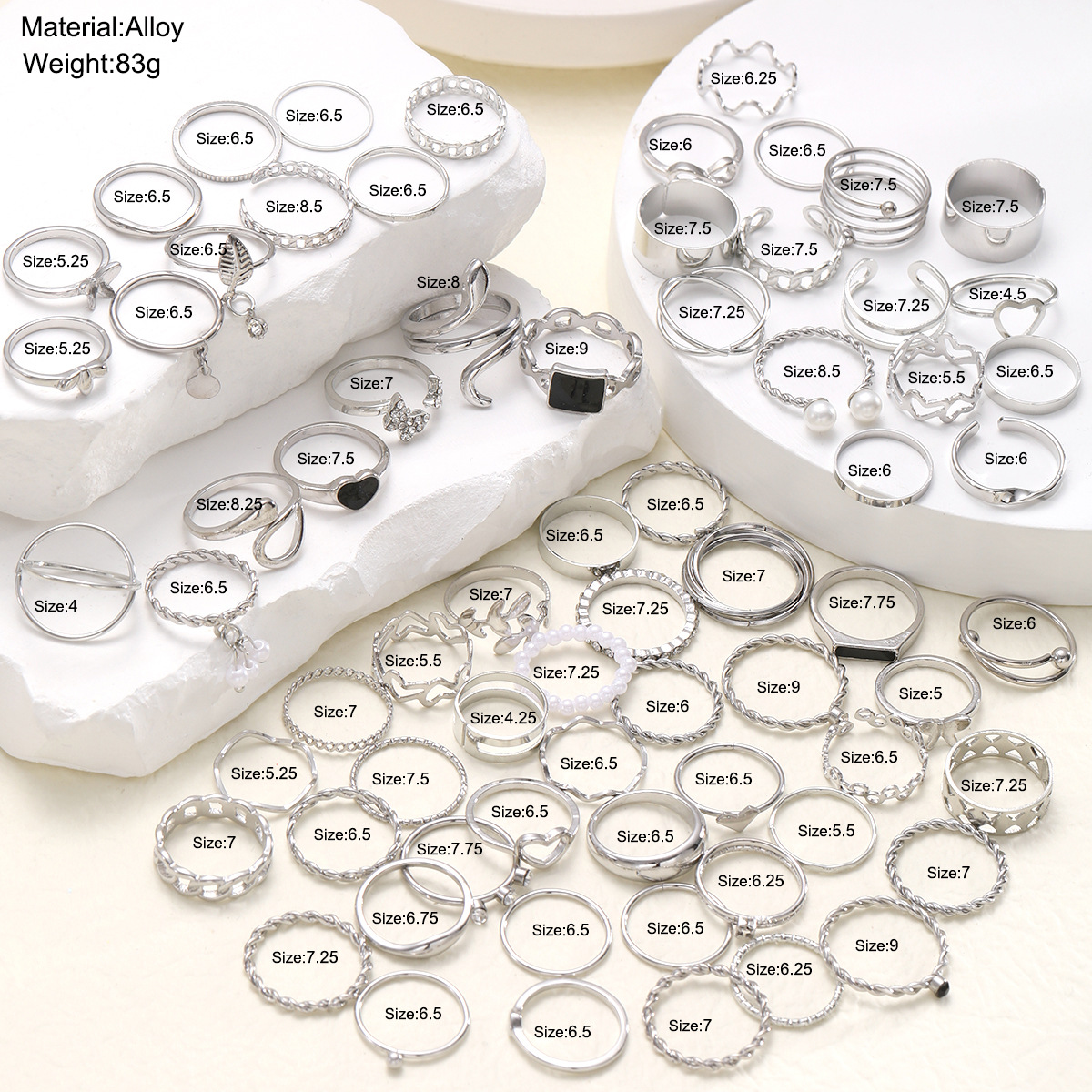 Black Square Pearl Ring Set With Hollow Leaf And Love Details_voghion.com