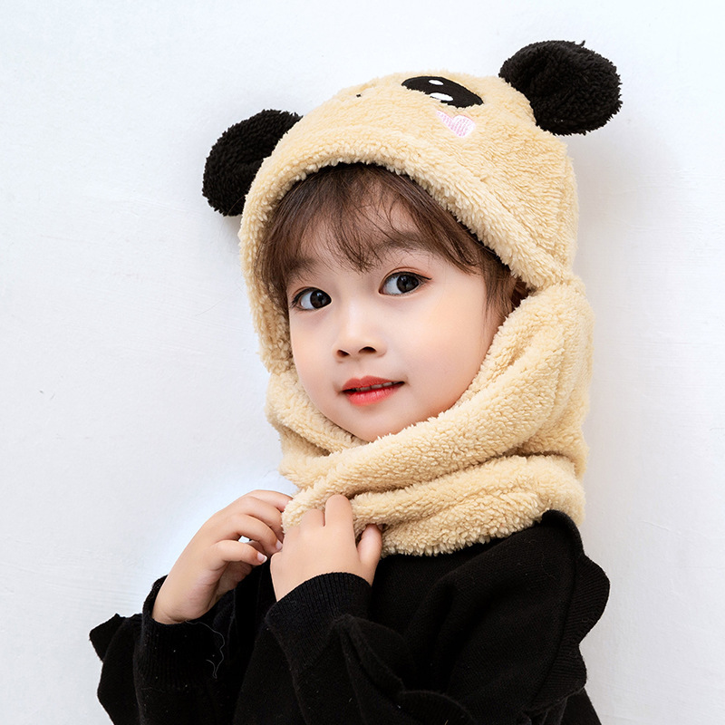 Children's plush hats, boys and girls, winter all-in-one baby bib hats, ear protectors, panda pullover hats