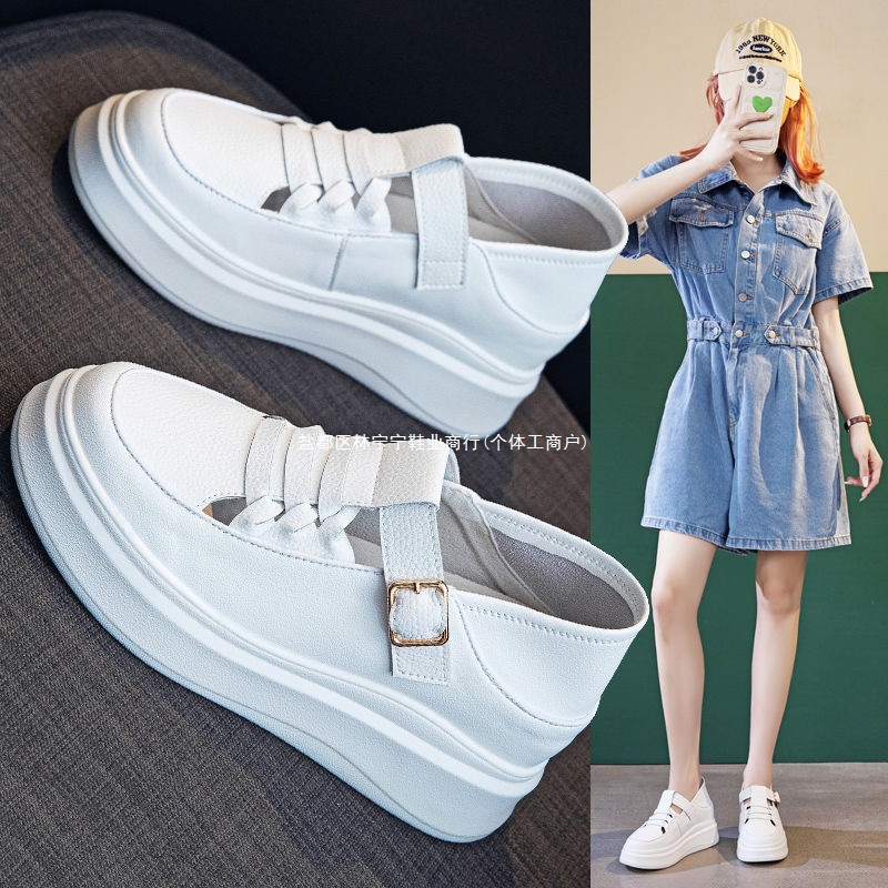 Two-Wear Baotou Sandals for Women Genuine Leather 2025 New Summer Cut Out Breathable Versatile Thick-Soled Inner Heightening White Shoes