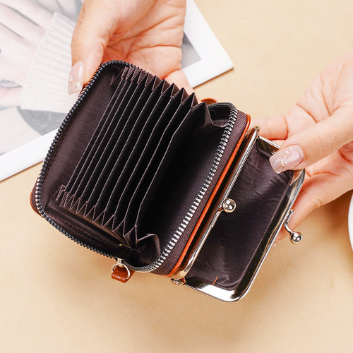 Retro leather coin purse clip buckle multi-compartment card slot card bag hand strap coin bag gift bag