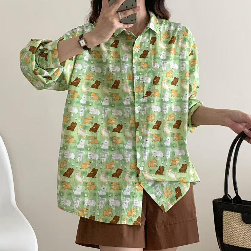 Cartoon Bear All-Over Printed Long-Sleeved Shirt for Women Spring & Fall New Loose Casual Versatile Foreign Style Age-Reducing Tops for Women