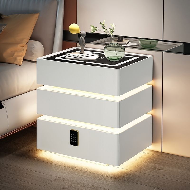 Moda inteligente mesita de cabecera de cuero sintético cuero amón combinado con cajón de madera sólida con lámpara LED de huellas dactilares bloqueo inalámbrico