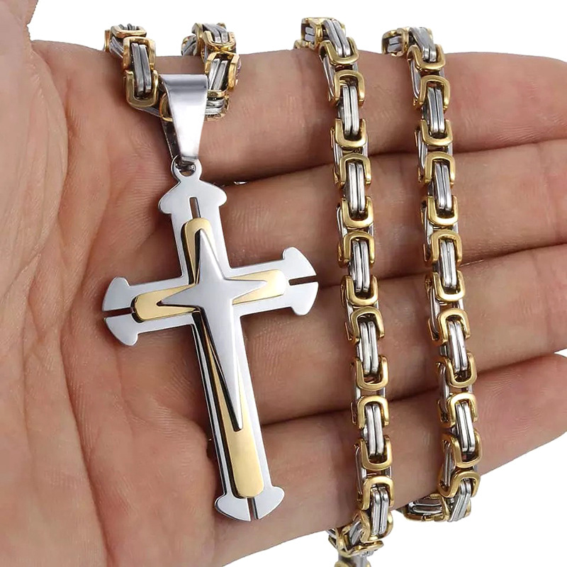 Pendentif croix en titane, trois couches, stéréo, style hip-hop européen et américain, en acier inoxydable cubain, collier carré pour homme_voghion.com