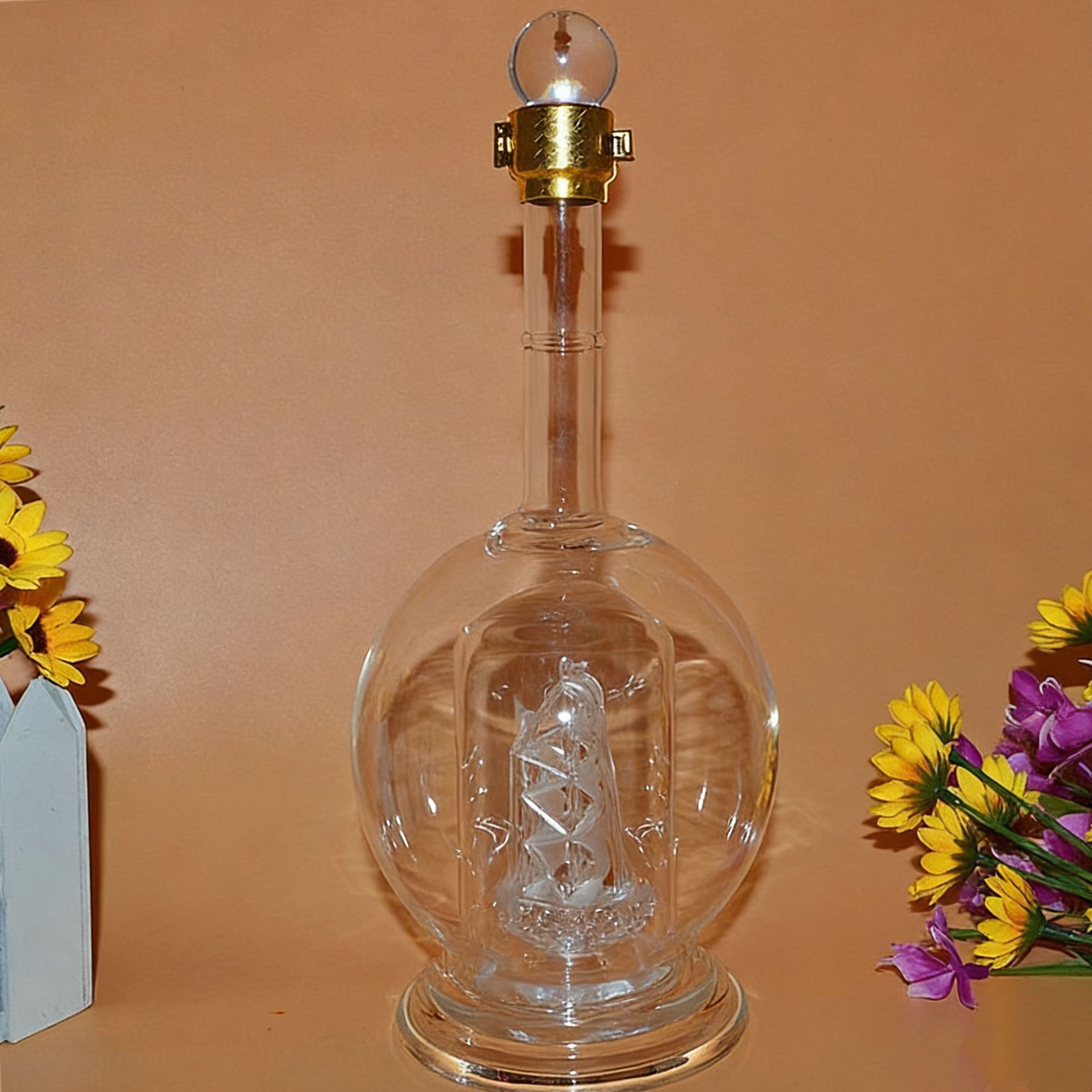 高硼硅玻璃1斤灯泡圆内套内置帆船泡酒瓶水晶盖铜色扣封白酒瓶