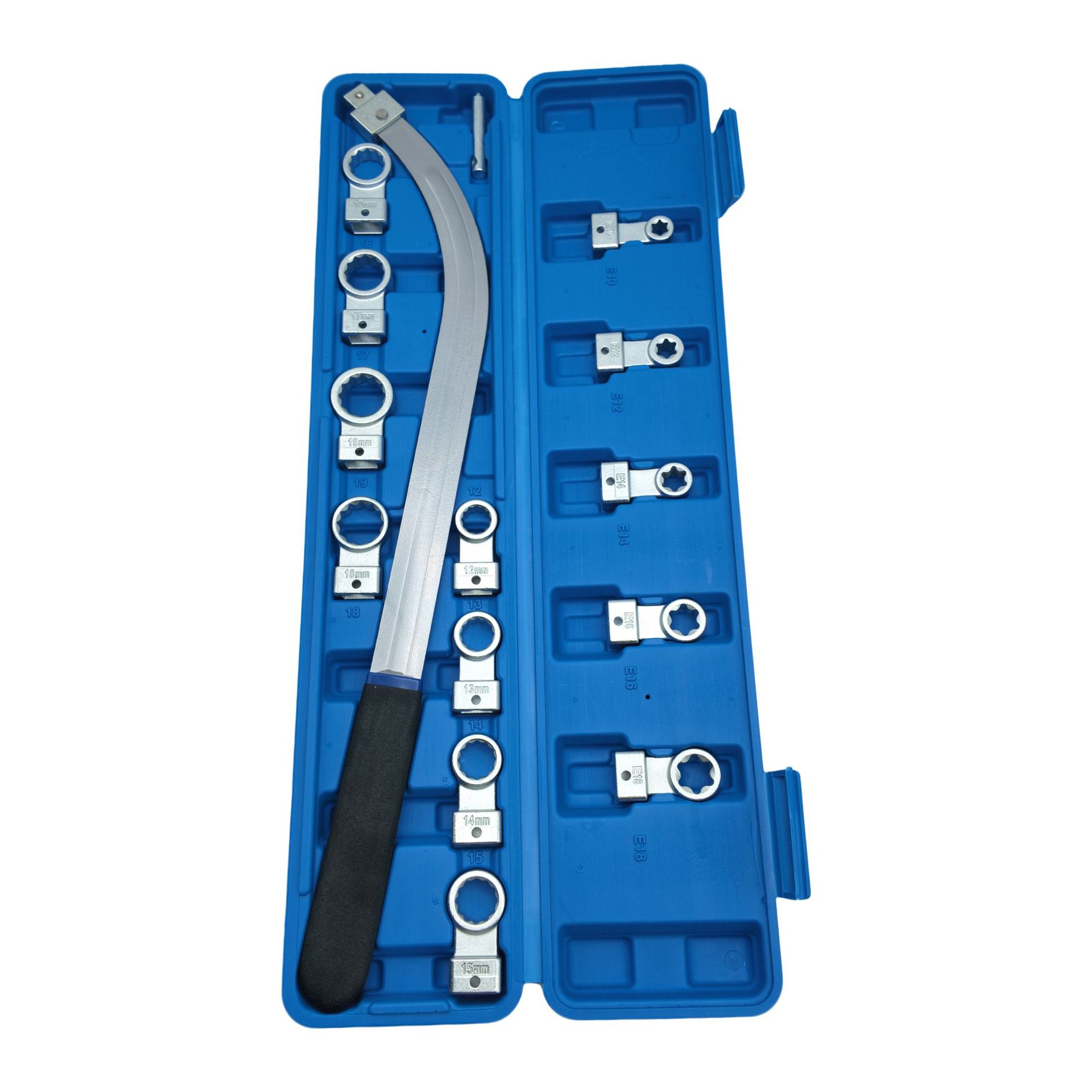15-piece automotive engine belt tool set, including adjustable wrenches, belt pulley removal and installation tools, and tensioner tools, specifically designed for automotive repair
