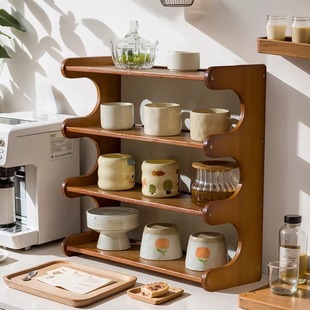 Tea Cup Storage Desktop Storage Rack Cup Holder Four-Layer Large Capacity Light Luxury High-End Cup Holder Storage Rack Solid Wood
