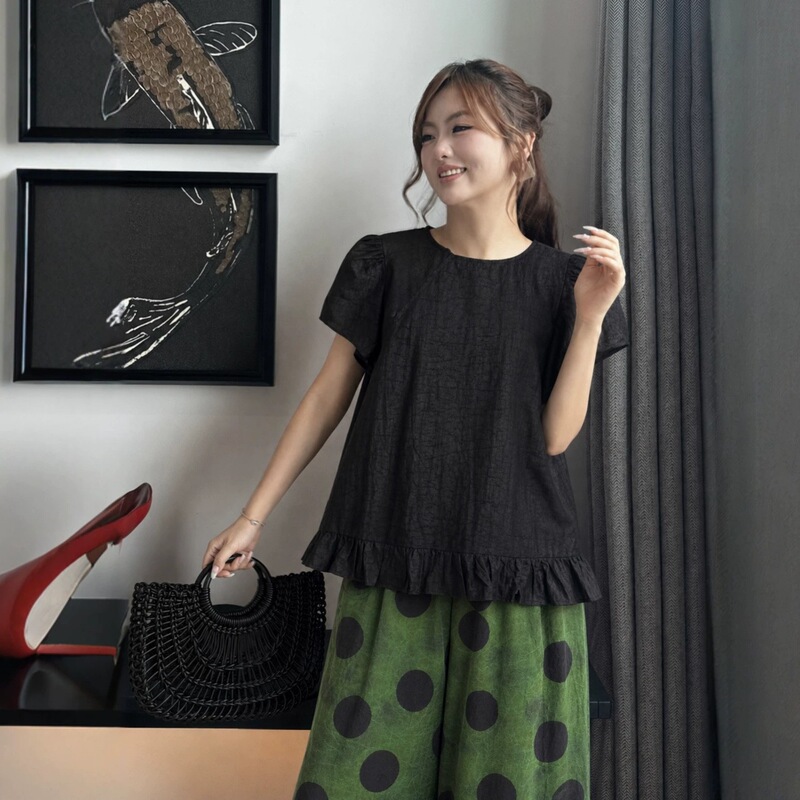 Summer Style New Chinese-Style Mulberry Silk Turtle Pattern Vintage French-Style Shirt with Back Buttons and Puff Sleeves ➕ Ruffled Hem Top