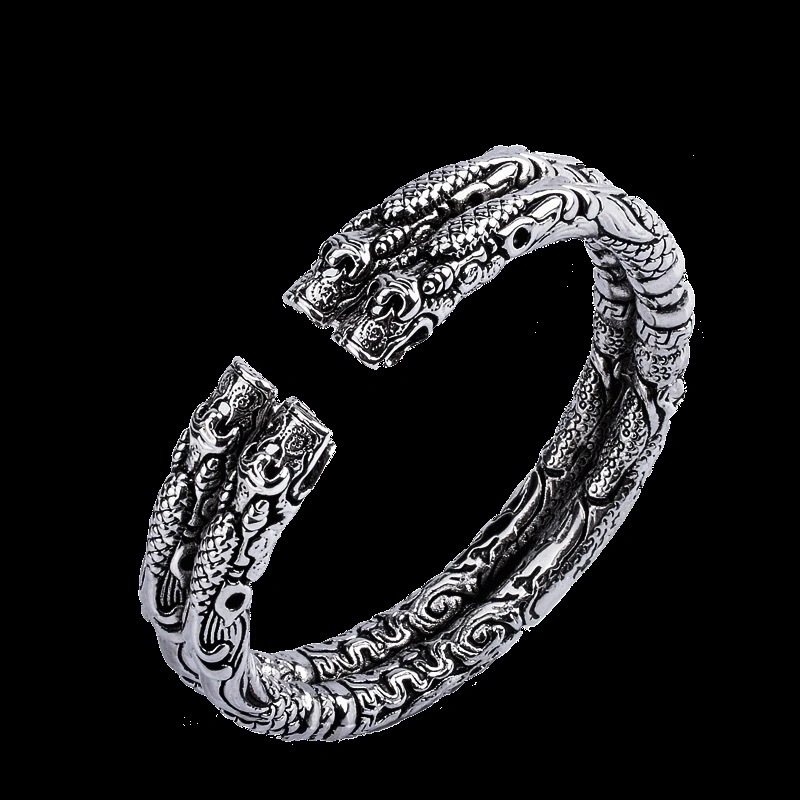Old Nine Gates Style Double-Ring Double-Head Bracelet for Men and Women, Vintage Distressed Imitation Thai Silver Open-Ended Couple Bracelet, Chinese Style