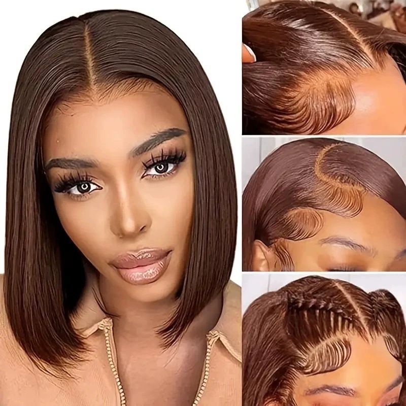 Parrucca sintetica premium corta con riga centrale dall'aspetto naturale, morbida parrucca castana per l'eleganza quotidiana e la versatilità nello styling_voghion.com