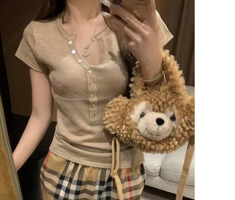2025美式老钱风半开领设计感针织短袖T恤女夏季时尚休闲上衣绝美|undefined