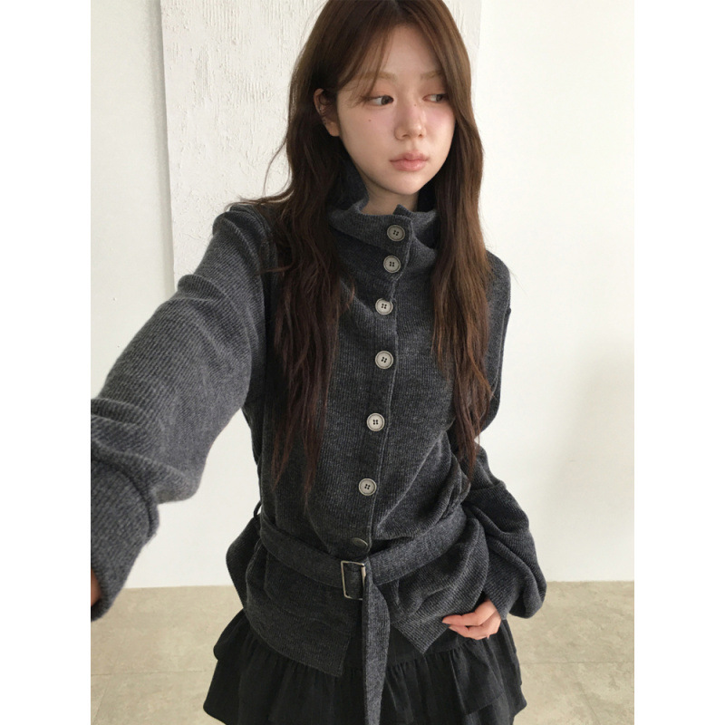 Fashionable Niche Design Lace-Up High-Neck Buttoned Knit Cardigan Long Loose Coat for Women Fashionable Niche Design Lace-Up High-Neck Buttoned Knit Cardigan Long Loose Coat for Women