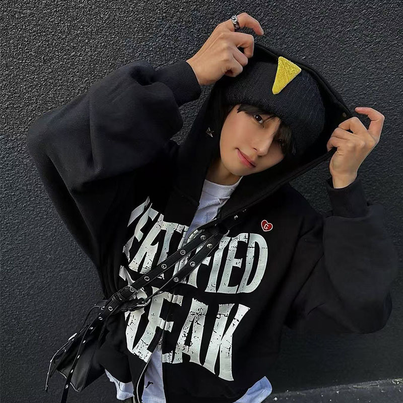 Jimo Grailz Zico Joint Brim Star Crack Slogan Printed Heart Embroider Zipper Hoodie Jacket