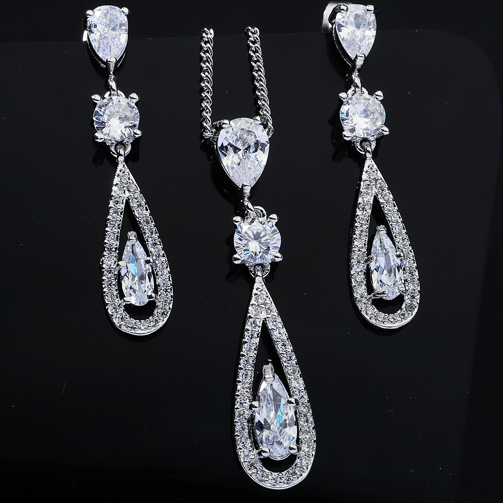 Fashion Zircon Pendant Long Drop-shaped Necklace Earrings Set Wholesale Nihaojewelry display picture 3