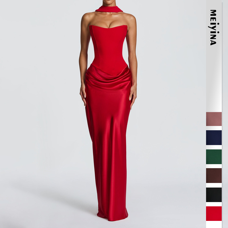 2026 European and American new style solid color waist-cinching sexy strapless bodycon long dress satin tie-back dress with ribbons 2026 European and American new style solid color waist-cinching sexy strapless bodycon long dress satin tie-back dress with ribbons