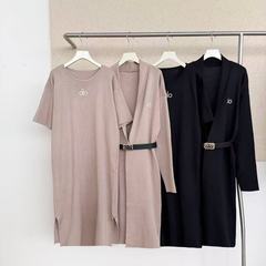 跨境秋冬慵懒休闲针织长裙开衫两件套女新款显瘦百搭送腰带设计感