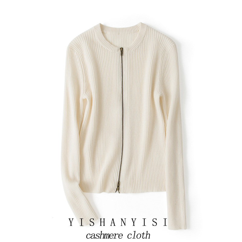 内蒙古250克100纯山羊绒双拉链修身开衫女抽条显瘦外搭秋冬毛衣