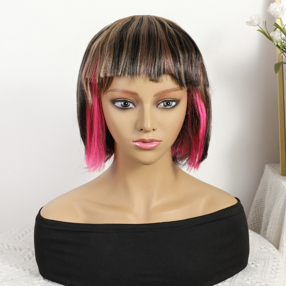 Transfronterizo nuevo polvo marrón mezcla de color gradiente largo recto 12 pulgadas sin encaje pelo recto europeo y brasileño peluca