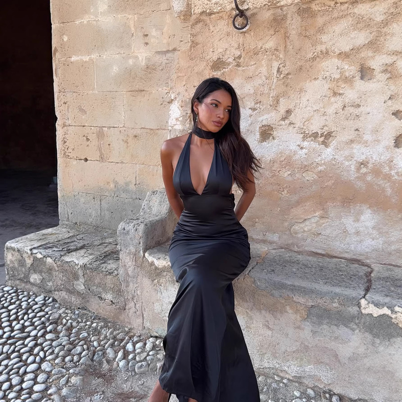 Women's Elegant and Sexy V-Neck Slim-Fit Long Cocktail Dress with Ribbon Women's Elegant and Sexy V-Neck Slim-Fit Long Cocktail Dress with Ribbon