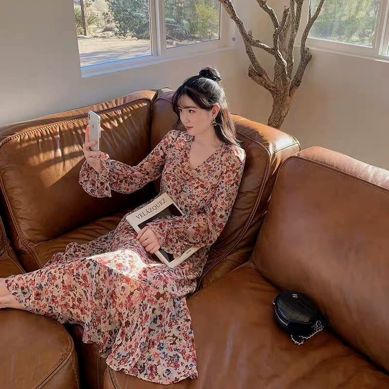 Осень 2024 новая женская одежда французская мода ретро Platycodon Grandiflorum юбка с высокой талией тонкая талия Цветочное платье