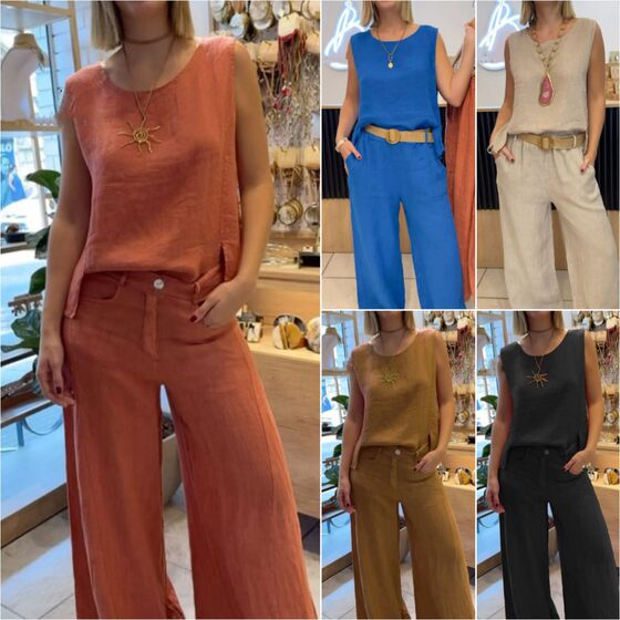 2025 Summer Cross-border New European and American AliExpress Amazon Women's Cotton and Linen Solid Color Sleeveless Pants 2 Pieces suit
