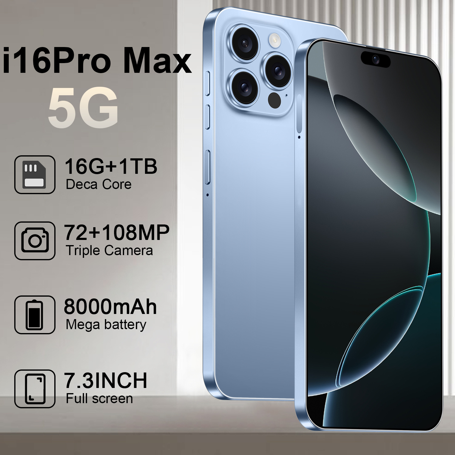 I16Pro Max Cross-Border Smartphone 7.3inch Large Screen High-End Export Dropshipping Android Global 5g Mobile Phone