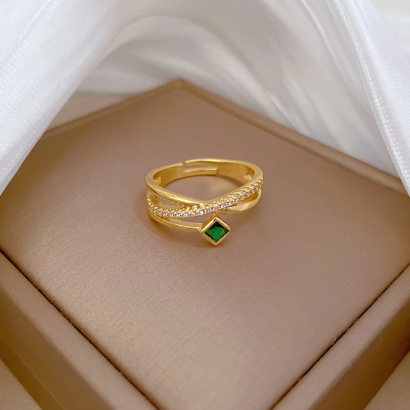 Anello a croce verde con diamanti incastonati, apertura regolabile, gioiello semplice giapponese, anello per coppie_voghion.com
