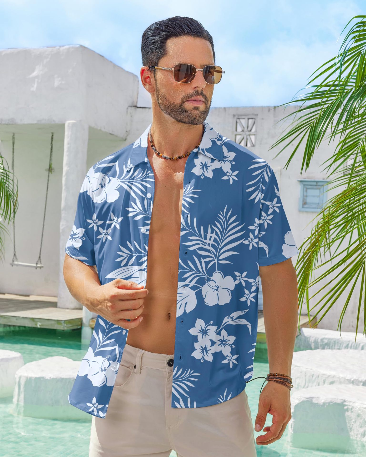 2023 nuevos hombres Hawaii europeo y americano ropa de los hombres impresión 3D del comercio exterior los hombres manga corta floja delgada camisa casual