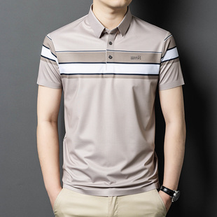 Striped short-sleeved T-shirt men's lapel casual polo shirt middle-aged T-shirt men's top father's thin middle-aged and elderly