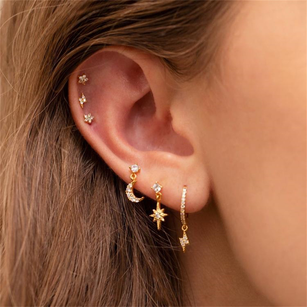 8g Weight 6 Pieces Fashion Star Moon Lightning Copper Plating Zircon Earrings