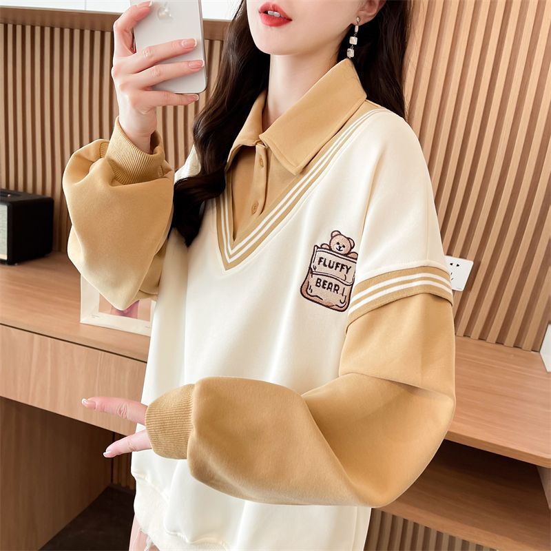 Early Spring Fake Two-Piece Polo Shirt Sweater Women's Spring and Autumn 2025 New Loose Junior High School Student Small Lapel Top
