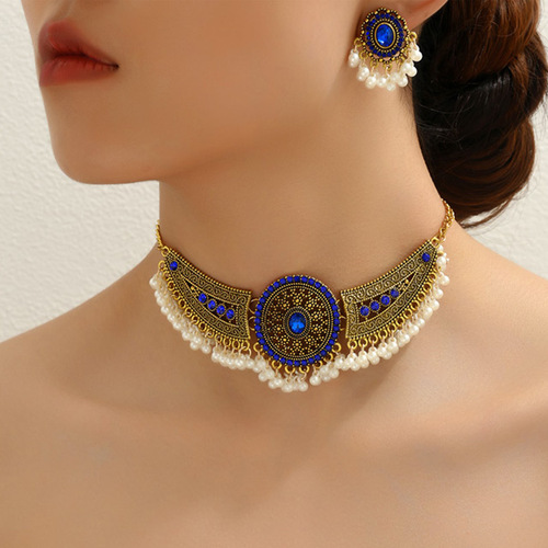 European and American new retro all-match wings drop beads exaggerated bohemian style fashion neck necklace earrings women's set