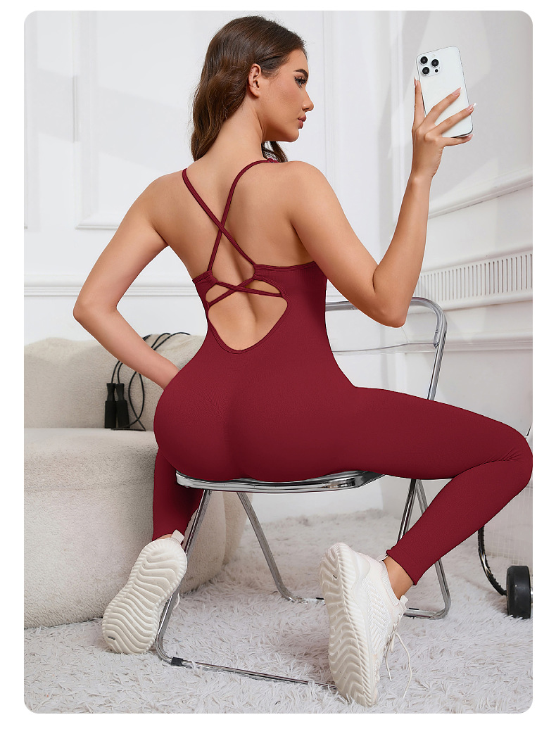 Ruffles Function Skinny Fit Type Solid Color Pattern Back Cross Button With Chest Pad Thread Trousers One-Piece Seamless Sportswear Fitness Bombshell