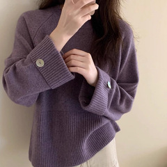 韩版复古圆领套头打底毛衣女秋冬新款小众设计感纽扣针织衫上衣女