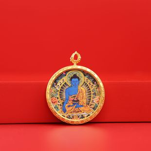New Round Hand-Painted Thangka with Gold Detailing of the Eight Guardians of Wealth, Including Zangkila and Ram, Past and Present Thangka Painting Core Pendant