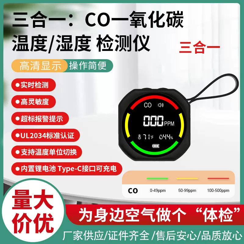 新款私模便携式露营厨房一氧化碳报警器检测仪CO Meter户外 3合1