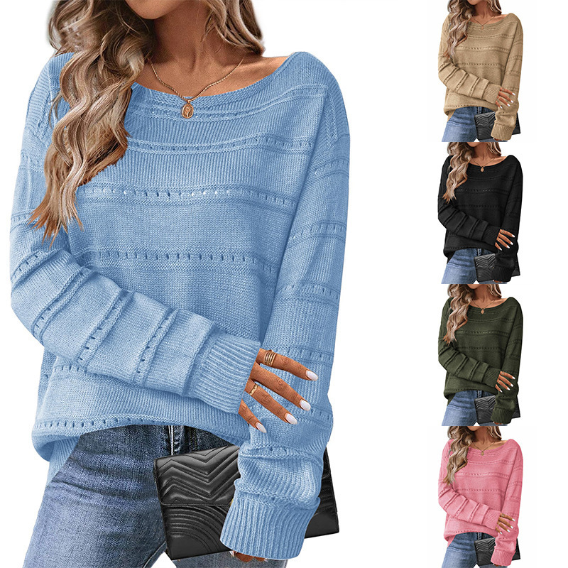 2024 Amazon Autumn and Winter New Women's Cute Long Sleeve Off Shoulder Pullover Top Hollow Crochet Sweater Top