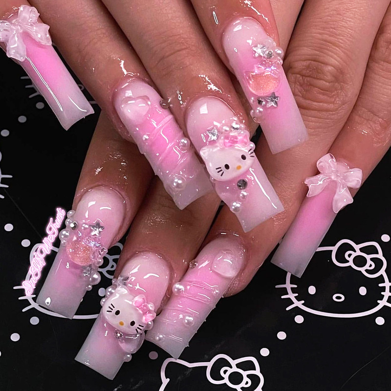 Pink Cute Hello Kitty Wearable Nails Three-Dimensional Water Ripple Manicure Fake Nails Nail Pieces Bow Wearable Nails