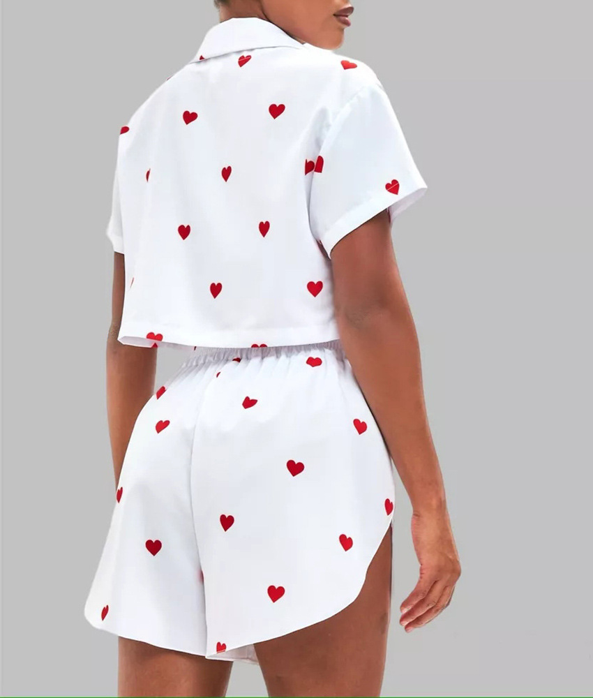 210g Weight Short Sleeve Sleeve Length Pajamas Lingerie Type Polyester, Satin Fabric Type Short Top Length Shorts Sets Sets Type 2 Pieces Set Quantity Home, Daily Occasion Turndown Neckline Breathable Function Regular Fit Fit Type Heart Shape Pattern Winter, Summer, Spring Season Women's Gender Sweet Style Home Daily Women's Sweet Heart Shape Polyester Satin Shorts Sets Pajama Sets 16