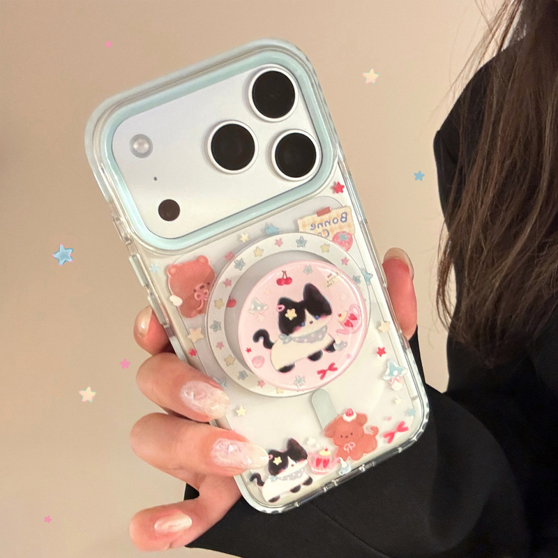 Suitable for iPhone 17 Phone Case with Cat Magnetic Stand, High Aesthetic Value for iPhone 16, Transparent for iPhone 13, Japanese and Korean Style for iPhone 17 Pro Max, iPhone 15