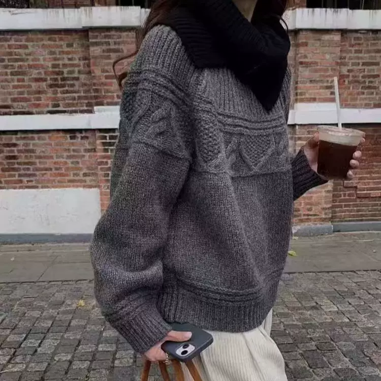 秋冬新款欧货圆领羊毛衫女加厚宽松慵懒风毛衣百搭纯色针织打底衫