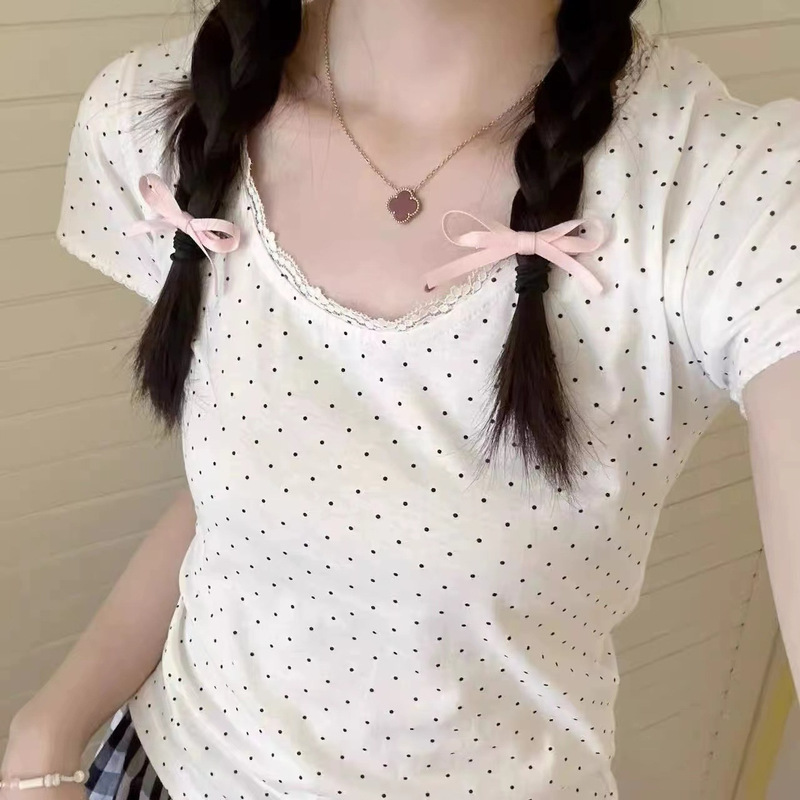 Polo Dot Short-sleeved T-shirt Women's Spring and Summer 2024 New Lace Lace Short Base Shirt Sweet Style Slim-fit Top Polo Dot Short-sleeved T-shirt Women's Spring and Summer 2024 New Lace Lace Short Base Shirt Sweet Style Slim-fit Top