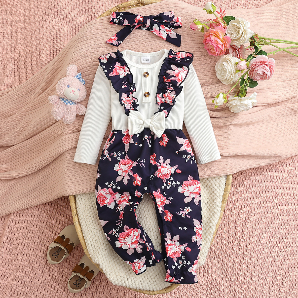 2025 Autumn Baby Girl Floral Jumpsuit Baby Long Sleeve Fake Two-Piece Romper Korean Sweet Style