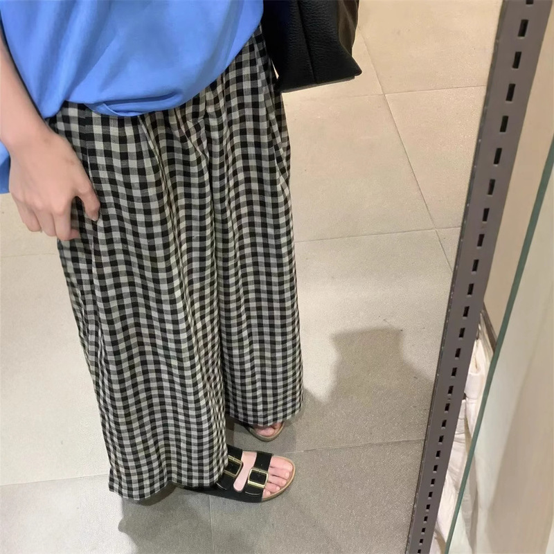 2025 Summer Half-elastic Waist Retro Plaid Wide-leg Pants Women's High-waist Slimming Loose Straight Thin Cropped Pants