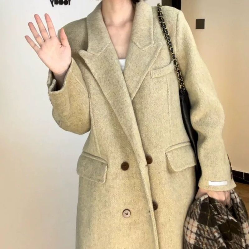 秋季六扣长款新款人字纹西装领双面羊毛大衣毛呢外套女0917-174|undefined