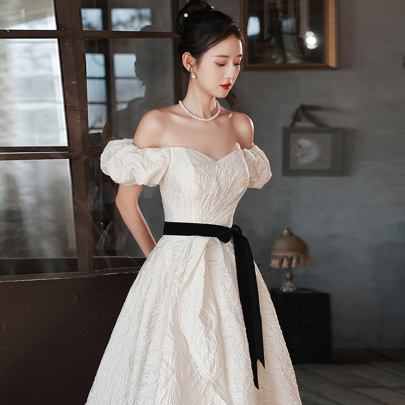 White Satin Evening Dress for Women 2026 New French Style Long Off-Shoulder Runaway Princess Puffy Wedding Dress